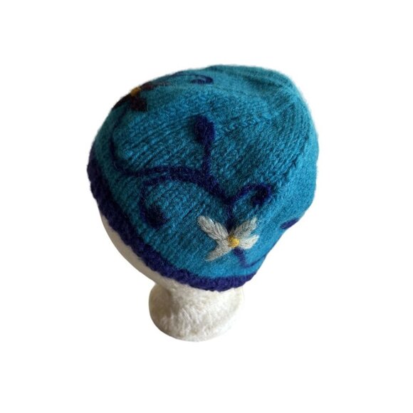 Handwoven Ganesh Himal 100% Wool Beanie Hat With Floral Embroidery Made In Nepal - Picture 3 of 6